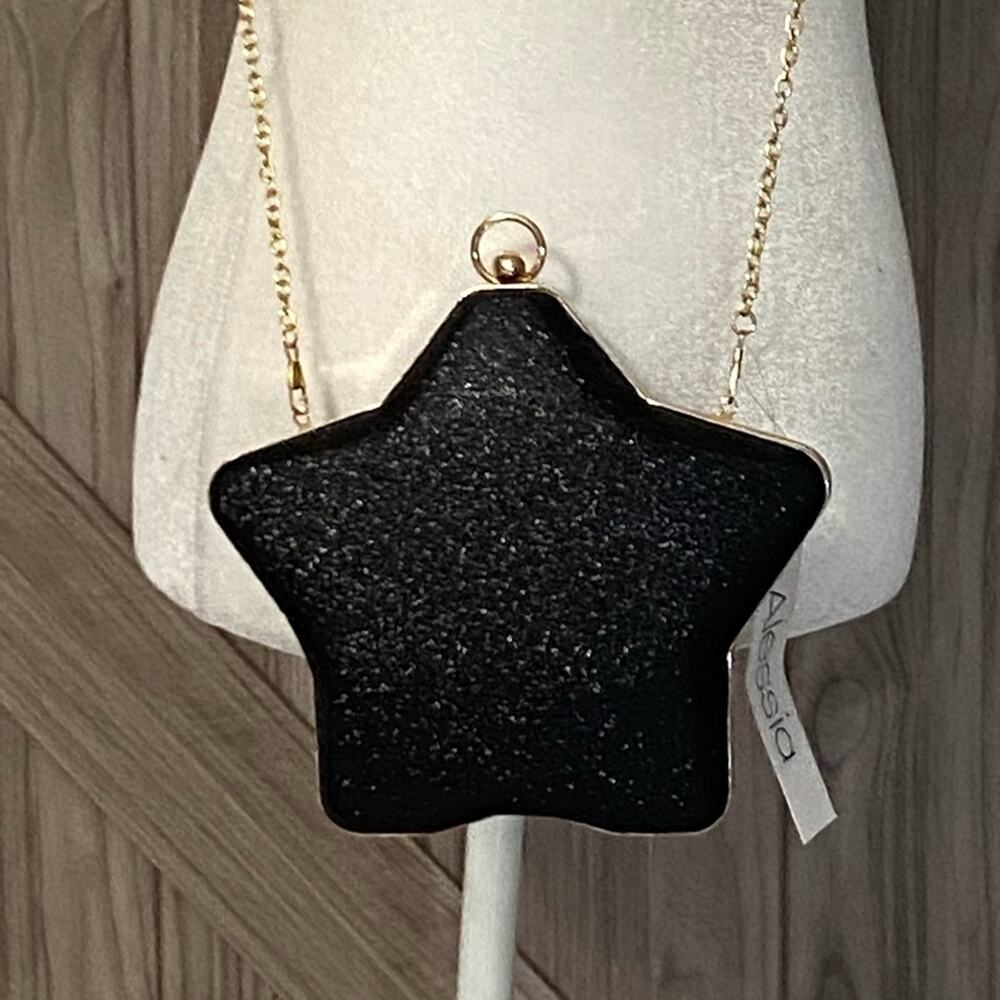 NWT Alessia Black sparkle star chain clutch